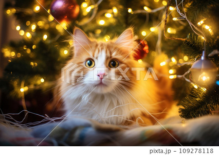 A cat on Christmas background, adorned with twinkling lights and a festive tree A cat on Christmas background, adorned with twinkling lights and a festive tree 109278118