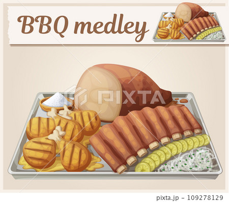 Texas BBQ medley icon. Cartoon vector illustration of barbecue meat on tin tray with white onions and gerkins. Series of food and drink and ingredients for cooking Texas BBQ medley icon. Cartoon vector illustration of barbecue meat on tin tray with white onions and gerkins. Series of food and drink and ingredients for cooking 109278129