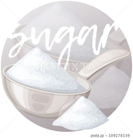 White sugar in metallic spoon. Cartoon vector icon on gradient background 109278139