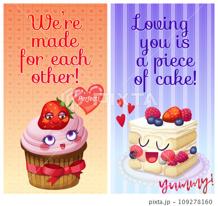 Cute food characters with funny flirty quotes. We are made for each other and Loving you is a piece of cake sweet puns 109278160