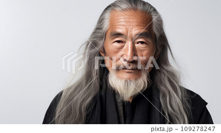 Portrait of an elderly handsome Asian senior man old with gray long hair, on a white background, banner. 109278247