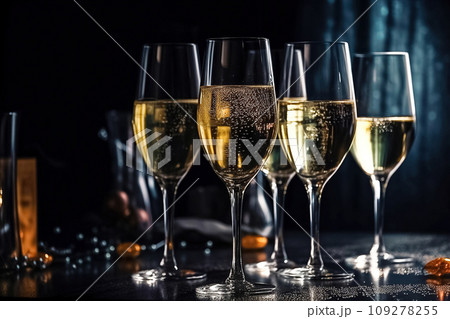 Elegant glasses champagne or Prosecco sparkling wine, dark background, golden bokeh. Holiday concept, New Year, party 109278255
