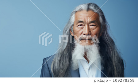 Portrait of an elderly handsome Asian senior man old with gray long hair, on a light blue background, banner. 109278259