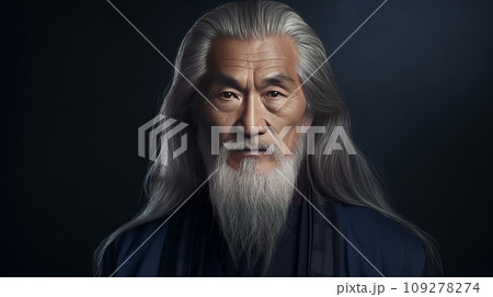 Portrait of an elderly handsome Asian senior man old with gray long hair, on a dark blue background, banner. 109278274