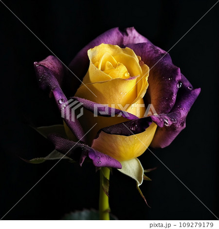 Yellow purple violet rose with water droplets, unusual unique flower, isolated on black close-up, bright floral background 109279179