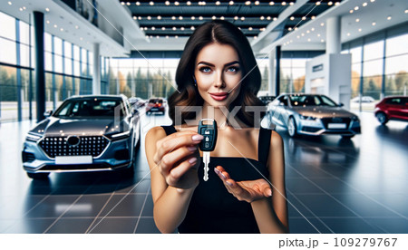 Woman presenting key to a new car in a car showroom with luxury vehicles. Generative AI. 109279767