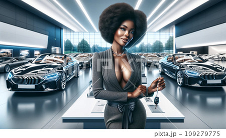 Very Attractive African American woman showing off her purchase of a luxury car, holding key in hand against luxury cars in a showroom. Concept of luxury. Generative AI. 109279775