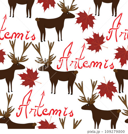 Seamless pattern with words stags and leaves 109279800