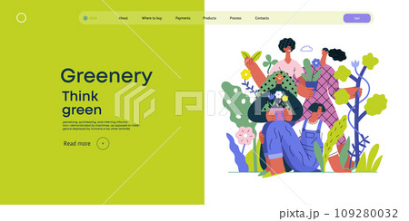 Greenery, ecology -modern flat vector concept illustration of people surrounded by plants and flowers. Metaphor of environmental sustainability and protection, closeness to nature Greenery, ecology -modern flat vector concept illustration of people surrounded by plants and flowers. Metaphor of environmental sustainability and protection, closeness to nature 109280032