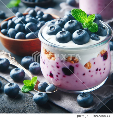 Blueberry yogurt served with fresh blueberries and mint leaves Blueberry yogurt served with fresh blueberries and mint leaves 109280033