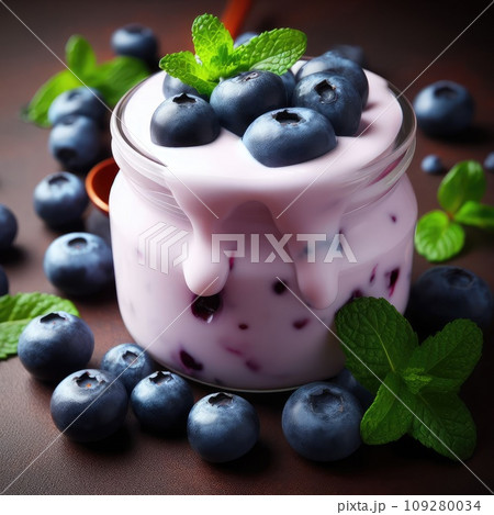 Blueberry yogurt served with fresh blueberries and mint leaves 109280034