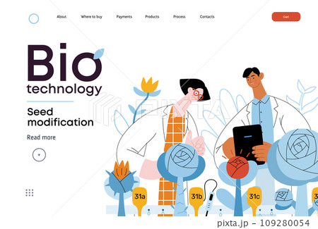 Bio Technology, Seed Modification -modern flat vector concept illustration of scientists analysing genetic modificated variants of a plant. Metaphor of direct impact of GMO on vegetation 109280054