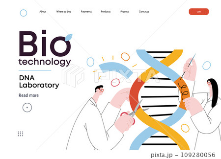 Bio Technology, DNA Laboratory -modern vector concept illustration of scientists dissecting DNA double helix, manipulating and rearranging fragments. Metaphor of advancements in agriculture, medicine 109280056