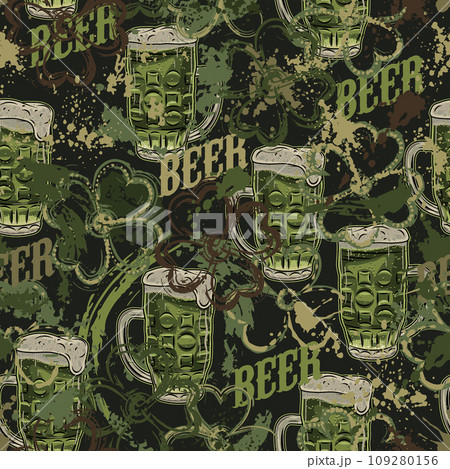 Green grunge camouflage pattern with beer, abstract paint splatter, smudges., brushstrokes, blots. Random chaotic composition for Patricks Day. Good for apparel, clothing, fabric, textile, sport goods 109280156