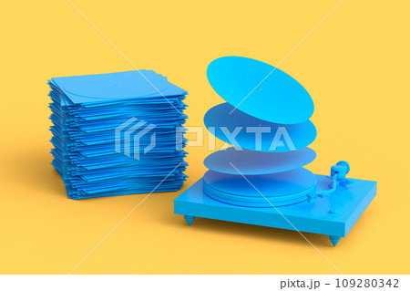 Set of Hi-fi speakers and DJ turntable with vinyl LP record on heap of covers 109280342