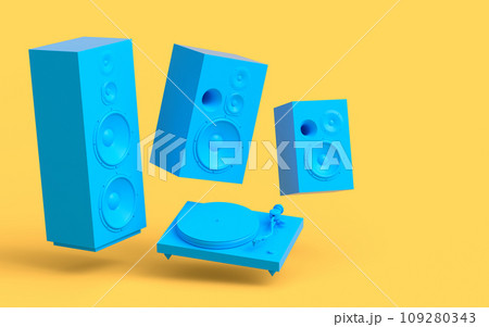 Set of Hi-fi speakers and DJ turntable for sound recording studio on monochrome 109280343