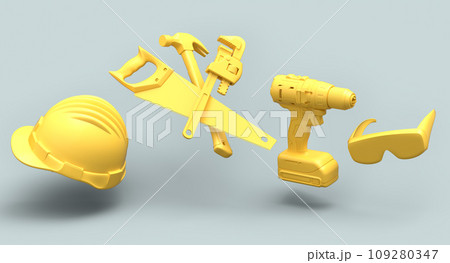 Flying view of monochrome construction tools for repair on grey background 109280347