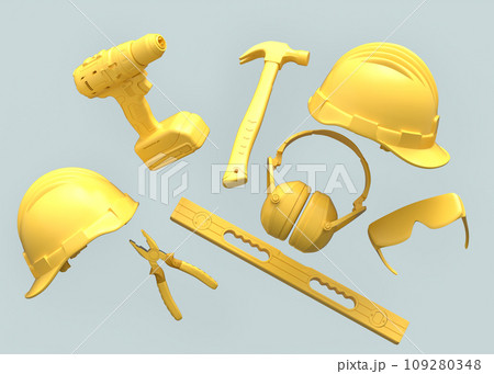 Flying view of monochrome construction tools for repair on grey background Flying view of monochrome construction tools for repair on grey background 109280348