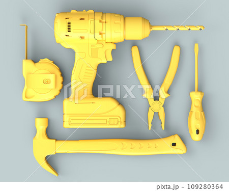 Top view of monochrome construction tools for repair on grey background Top view of monochrome construction tools for repair on grey background 109280364