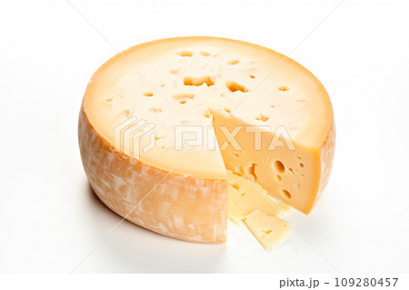 A closeup of a cheese with a slice taken away with holes like maasdam, emmental or cheddar as background 109280457