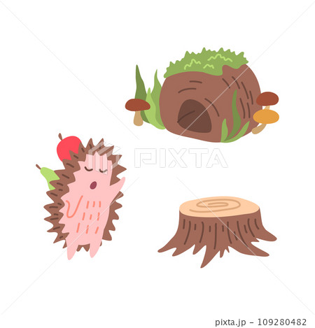 Cartoon Character Hedgehog and Burrow Concept Element Flat Design Style. Vector illustration of Mascot 109280482