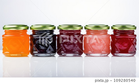 Glass jars with jam of different colors from different fruits. lined up, white background. Preservation and preparation, homemade healthy food. Sweet dessert. Home canning. Food blogging. Supermarket 109280540