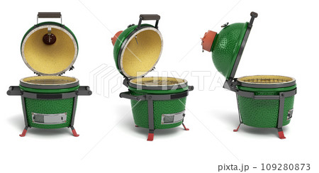 Set of Small barbecue green color BBQ grill with open lid for outdoor prepare meat food 3d illustration Set of Small barbecue green color BBQ grill with open lid for outdoor prepare meat food 3d illustration 109280873