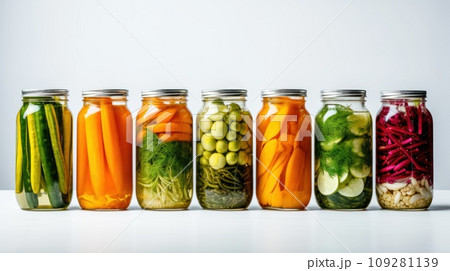 Home preservation, canning for the winter. 7 glass jars with canned vegetables Cucumbers, tomatoes, zucchini, asparagus, pumpkin, greens, dill, garlic, beets, herbs, spices. On white background. Food. 109281139
