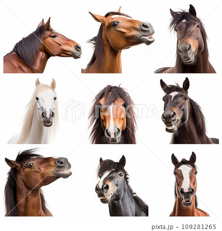 Collage of portraits of horses of different breeds and colors on white, for advertising zoological products and packaging design Collage of portraits of horses of different breeds and colors on white, for advertising zoological products and packaging design 109281265