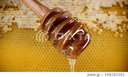 Organic honey flows from wooden dipper stick on honeycombs background. Wax cells Organic honey flows from wooden dipper stick on honeycombs background. Wax cells 109281501