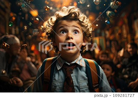 Portrait of a child astrologer with curly hair and star background, 3d illustration. AI Generative 109281727