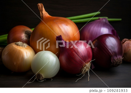 Different varieties of onions on black, vegetable background, purple, white, yellow onion, sweet onion, hot onion close-up, healthy food, wallpaper for advertising and packaging design Different varieties of onions on black, vegetable background, purple, white, yellow onion, sweet onion, hot onion close-up, healthy food, wallpaper for advertising and packaging design 109281933