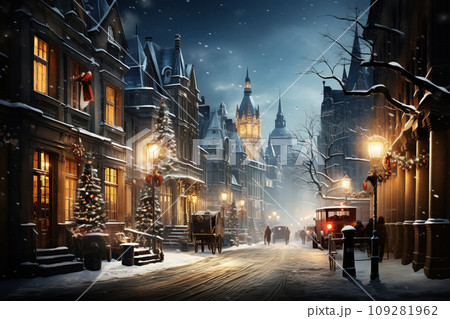 Winter cityscape snow covered streets lined with historical buildings adorned with festive lights and decorations 109281962