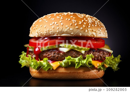 Delicious fresh tasty burger and french fries on wooden table 109282003