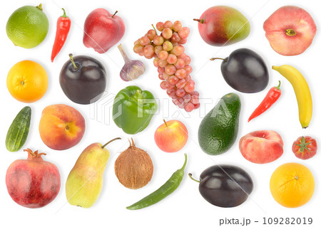 Set bright appetizing fruits and vegetables with light shadow Set bright appetizing fruits and vegetables with light shadow 109282019