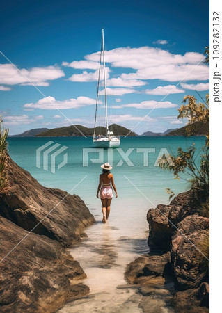 The shore of whitsunday island with sailboat for a holiday, in the style of joel robison Generative AI The shore of whitsunday island with sailboat for a holiday, in the style of joel robison Generative AI 109282132