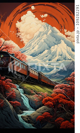 realistic A train in beautiful mountains by an oil painting, in the style of realistic swiss style Generative AI realistic A train in beautiful mountains by an oil painting, in the style of realistic swiss style Generative AI 109282291