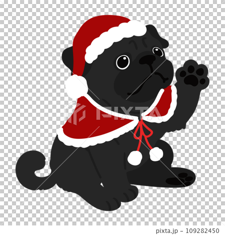 お手をするクリスマス仕様の可愛い黒いパグのイラスト　主線なし 109282450