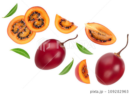 Fresh tamarillo fruit with leaves isolated on white background. Top view. Flat lay 109282963