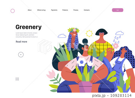Greenery, ecology -modern flat vector concept illustration of people surrounded by plants and flowers. Metaphor of environmental sustainability and protection, closeness to nature Greenery, ecology -modern flat vector concept illustration of people surrounded by plants and flowers. Metaphor of environmental sustainability and protection, closeness to nature 109283114