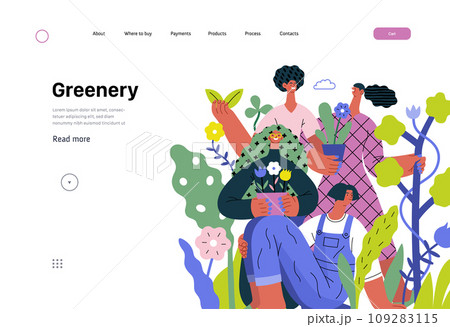 Greenery, ecology -modern flat vector concept illustration of people surrounded by plants and flowers. Metaphor of environmental sustainability and protection, closeness to nature 109283115
