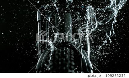 Mountain Bike Suspension Fork on Dark Background with Water Splash, Studio Shot 109283233