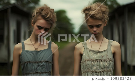 Two girls in identical dresses 109283428