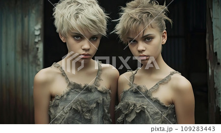 Two girls in identical dresses 109283443
