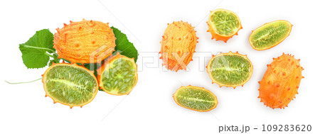 Kiwano or horned melon with leaves isolated on white background, Top view. Flat lay. 109283620