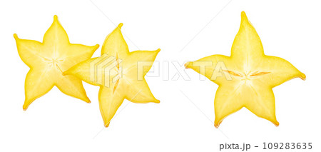 Carambola or star-fruit slice isolated on white background. Top view. Flat lay 109283635