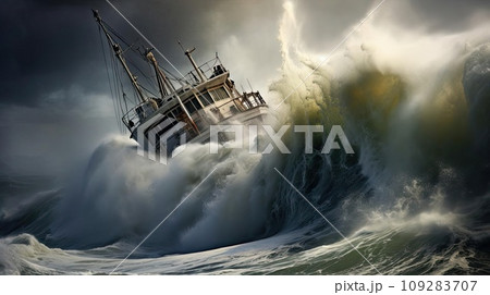 A small ship is covered by a wave during a storm at sea 109283707