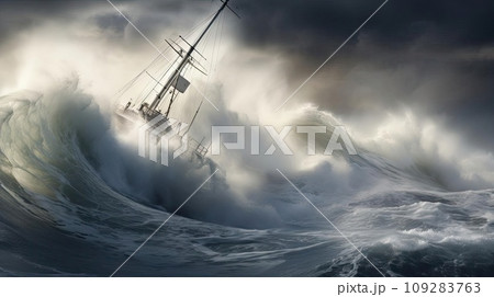 A small ship is covered by a wave during a storm at sea 109283763