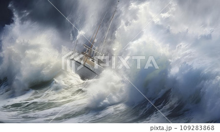 A small ship is covered by a wave during a storm at sea 109283868