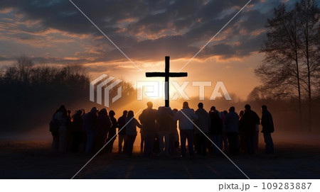 Group of people holding a large Christian cross 109283887